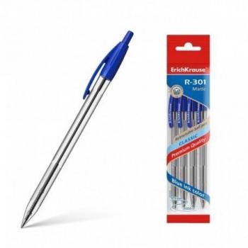 Erichkrause Pack de 4 Bolígrafos Automático R-301 Classic Matic 10 - Punta Estándar de 1.0mm - Tinta de Secado Rápido - Color Azur