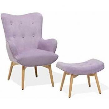 Sillón Orejero Chesterfield en Terciopelo Rosa con Reposapiés y Estructura de Madera Clara VEJLE