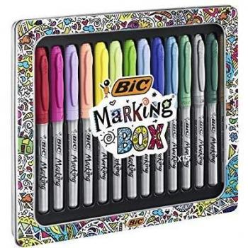 Caja de 15 rotuladores permanentes BIC de colores variados en estuche metálico