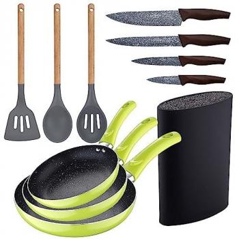 Set de Sartenes de Aluminio Prensado Verde 3 piezas (20, 24 y 28 cm) + Utensilios de Cocina de Silicona y Madera + Set de Cuchillos de Acero Inox