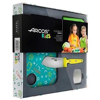 Arcos Kids, Juego de Cocina para niños, Cuchillo infantil + Delantal + Tabla de corte + Protector de dedos, Color Amarillo