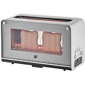 Tostadora WMF Lono Glass de acero inoxidable, 1300W, una ranura XL con rejilla para bollos