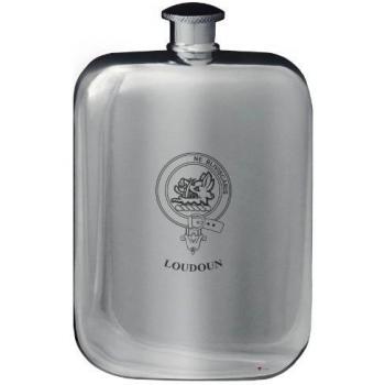 Loudoun Family Crest Design Pocket Hip Flask 6oz Rounded Polished Pewter