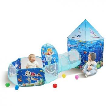 Tienda de Campaña 3 en 1 para Niños con Aro de Baloncesto y Túnel, Casa de Juegos Emergente para Interior/Exterior, Incluye Bolsa de Transporte y Correas Ajustables