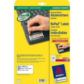 Paquete 20 hojas etiquetas blancas no despegables para impresoras láser de 63,5x33,9 mm Avery L6146-20