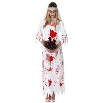 Disfraz de Novia Sangrienta para Mujer - Incluye vestido blanco desgastado, velo rasgado, manchas de sangre, maquillaje sugerido para un look zombie