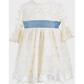 Vestido de bebé niña crudo de algodón con cinturón a contraste