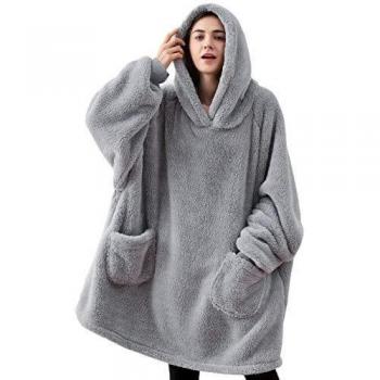 Bedsure Batamanta Mujer Polar Invierno - Bata Manta para Hombre con Capucha, Sudadera Manta con Mangas, Hoodie Blanket de Tejido Felpa Suave con Bolsillo Frontal, Gris, 95x85