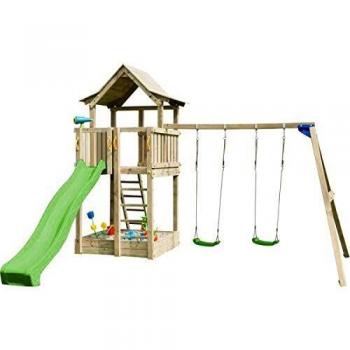 MASGAMES | Parque Infantil Torre Pagoda L + Columpio | Plataforma 120 cm de Altura | Columpio de Dos plazas con Asientos Planos de plástico y Cuerdas | Anclajes incluidos | Uso doméstico |