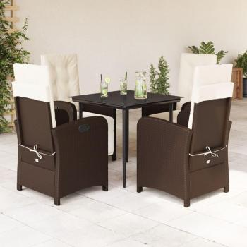 5-Piece Brown Poly Rattan Garden Dining Set with Cushions