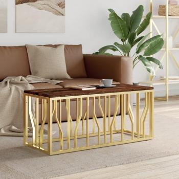 Mesa de café dorada en acero y madera maciza reciclada