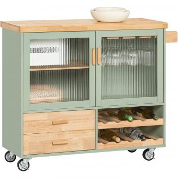 Carrito Auxiliar de Cocina SoBuy FKW114-GR, 2 cajones, 2 puertas, carro multiusos de servicio comedor con ruedas, 1 toallero y soporte para botella, color verde, dimensiones: 109 x