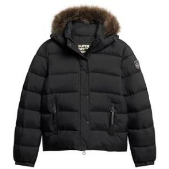 Chaqueta acolchada corta con capucha y ribete de pelo sintético negra para mujer Superdry
