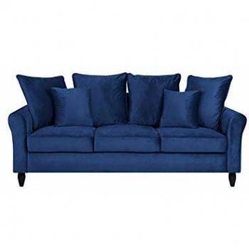 Sofá de Terciopelo Azul Marino de Madera Maciza para 3 Personas con Cojines Decorativos Bornholm
