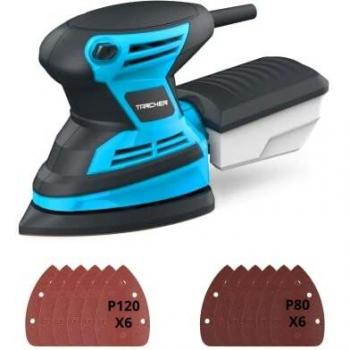 TARCHER Lijadora Madera 200W, Lijadora Eléctrica Mouse 15,000 RPM con Recolección de Polvo y 12 Hojas de Lijas K80/K120, Multilijadora Orbital para Lijar/Pulir/Bricolaje/Decoración del Hogar