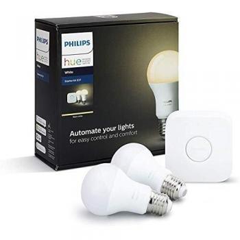 Philips Hue Kit 2 Bombillas Inteligentes LED E27 y Puente, 9.55 W, Luz Blanca Cálida, Compatible con Alexa y Google Home