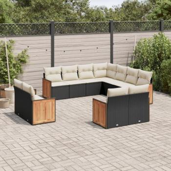 11-Piece Black Poly Rattan Garden Sofa Set with Cushions