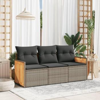 3-Piece Grey Poly Rattan Garden Sofa Set with Cushions