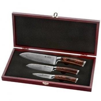 Wakoli Edib Juego de Cuchillos de Damasco de 3 Piezas Extremadamente Afilados Hechos de 67 Capas I Juego de Cuchillos de Cocinero de auténtico Acero de Damasco con Mangos de Pakka y Estuche de Madera