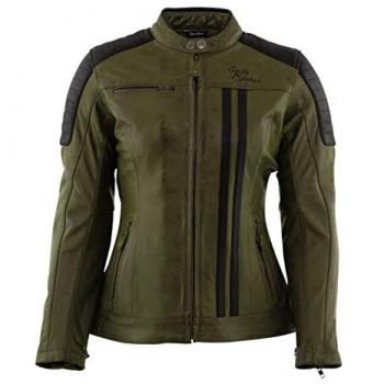 Rusty Stitches Chaqueta de Moto Alice Verde-Negro, chaqueta de cuero para mujer, color verde y negro, talla 42