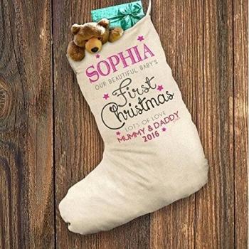 Personalizable de Papá Noel calcetín de Navidad blanco del bebé de la niña primera Navidad XL - tamaño: 28 cm x 57 cm