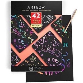 Arteza Láminas para rascar y dibujar | 27,8 x 20,8 cm | 42 hojas de scratch art | 4 patrones originales, 4 rascadores, 4 plantillas, 4 postales | Manualidades para niños, aulas y bricolaje