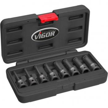 Juego de llave de vaso destornillador de impacto VIGOR V7018 con dentado interno (XZN), cuadrado hueco 1/2 pulgadas (12,5 mm), perfil con estriado interior XZN, tamaños M