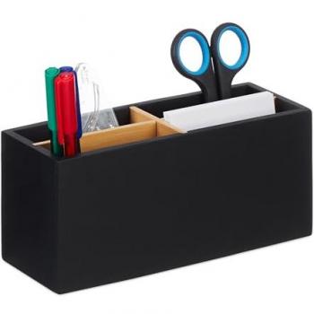 Organizador de Escritorio de Bambú, 4 Compartimentos, para Suministros de Oficina y Cosméticos, Portalápices, 8 x 21 x 9 cm, Negro - Relaxdays