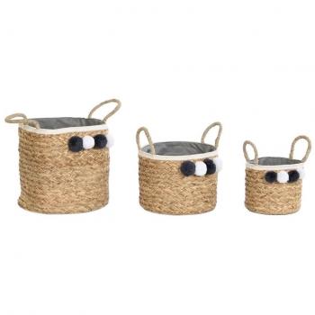 Juego de Cestas DKD Home Decor Natural Algodón Pompones Fibra natural (40 x 40 x 35 cm)