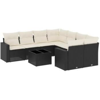 vidaXL 9-Piece Black Poly Rattan Garden Sofa Set with Cushions
