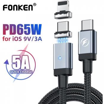 Cable Magnético Fonken USB C PD 65W, Carga Rápida 27W Tipo C a Lightning, Datos para iPhone y Samsung, 0.5M Negro