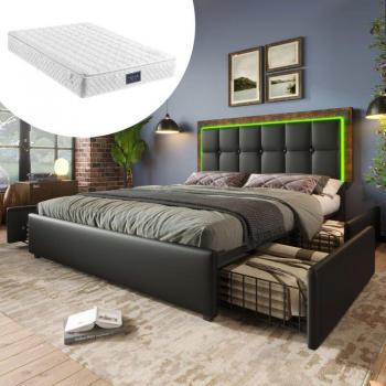 Cama Doble Acolchada de 160x200 cm con Tira Luminosa LED, 4 Cajones y Cabecero Regulable en Altura, PU, Negro, Colchón Incluido