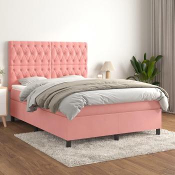 Cama box spring con colchón de muelles en terciopelo rosa 140x190 cm
