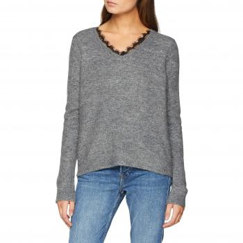 Vero Moda Vmiva LS V-Neck Lace Blouse Noos, suéter para Mujer, Gris Medium Grey Melange, 38