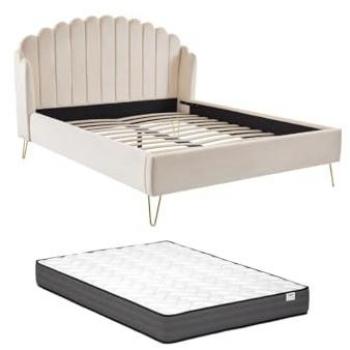 Cama de 160 x 200 cm con cabecero ondulado de terciopelo beige + colchón SAGALI