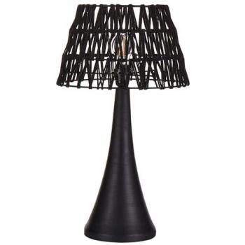 Lámpara de mesa moderna con pantalla de algodón negra y base de madera de mango, diseño elegante y único