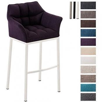 Taburete de Bar Damaso en Tela Violeta con Base de 4 Patas Blanca y Respaldo