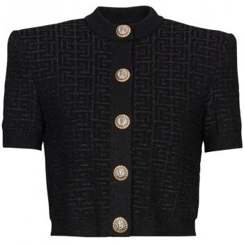 Balmain Women's Monogram Cropped Cardigan in Black | Size 38 | DF1SB215KG96EAC