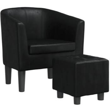 Sillón Cabriolet con Taburete de Cuero Sintético Negro, Butaca Decorativa para Salón, Oficina y Dormitorio