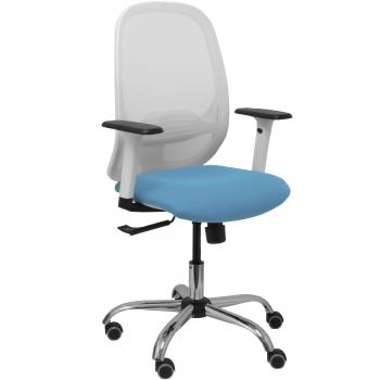 Silla de Oficina Cilanco Malla Blanca Asiento Bali Azul Cielo Brazos Regulables Base Cromada Ruedas para Parquet