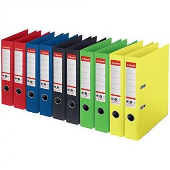 Esselte Archivador A4 de cartón reciclado, mecanismo de palanca, lomo de 50 mm, colores surtidos (Negro, Azul, Verde, Rojo, Amarillo), paquete de 10 unidades