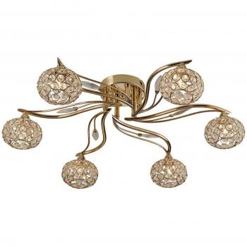 Lámpara de techo Leimo 6 bombillas oro / cristal, diseño moderno, acabado en oro francés, seis luces, material de cristal