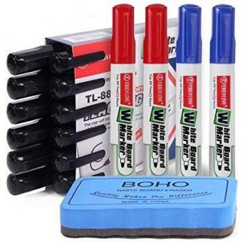 A ANGG Rotuladores Pizarra Blanca Magnetica 16 Pcs Pizarra Gruesa de Bajo Olor Marcadores de Borrado en Seco y Borrador para la Escuela, la Oficina y el Hogar Negro Azul Rojo 3 Colores