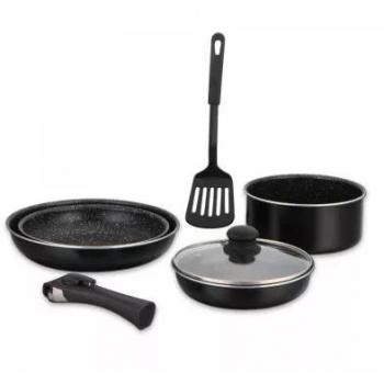 Batería de cocina Herzberg HG-8090-7BK, 7 piezas, recubrimiento de mármol, mango desmontable, color negro