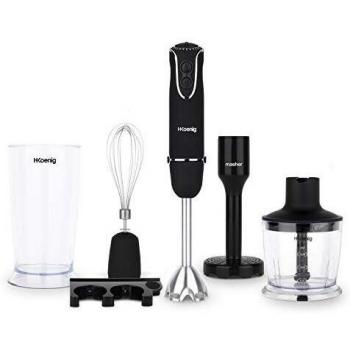 H.Koenig MIX75 Batidora de Mano Profesional, Potencia 850 W, 6 velocidades, Funcion Turbo, Campana y Cuchillas, Mango Silicona, Vidrio, Negro/Acero Inoxidable