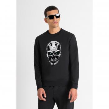 Slim Fit Black Cotton Blend Sweatshirt with Cyber Skull Print