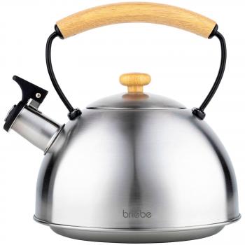 Tetera de Madera Briebe con Silbato, Hervidor de Agua 2,3L, Inducción, Acero Inoxidable Vintage
