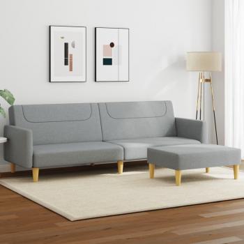 Sofá cama de 2 plazas con reposapiés y taburete en tela gris claro
