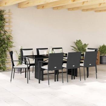 9-Piece Black Poly Rattan Garden Dining Set with Cushions