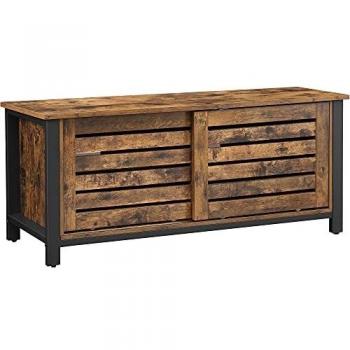 Mueble TV Industrial Marrón Rústico para 48 Pulgadas, Soporte de Hierro con Puertas Correderas y Estantes, 110 cm, Ideal para Salón y Comedor
